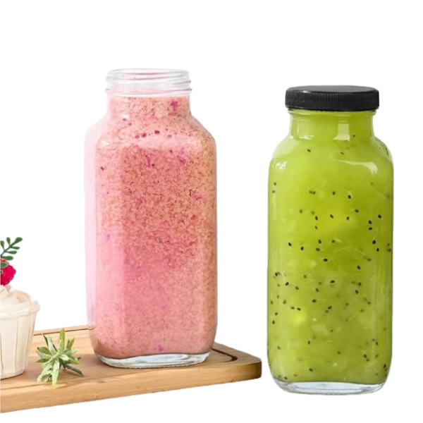 16oz French square juice glass bottle with lid