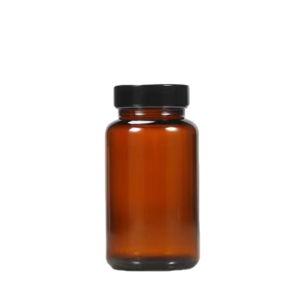 Amber 6 oz Glass Pill Bottle with Black Ribbed Lid 